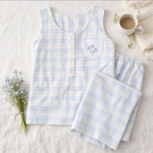 Karen Neuburger Pink Ribbon Pajama Set 1X Cotton Knit Capri PJs Blue Plaid